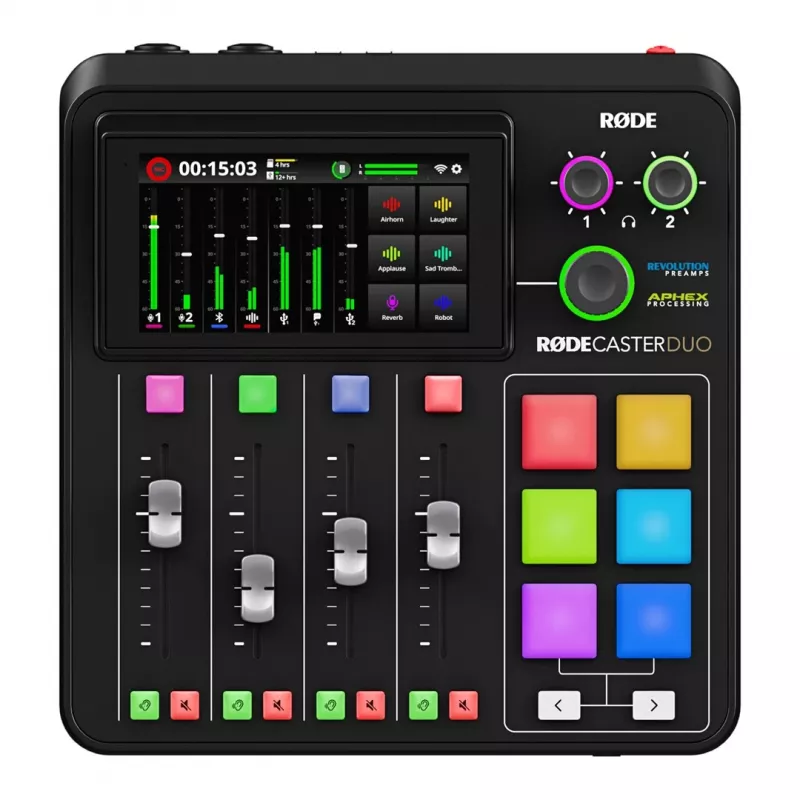 Studijos valdiklis RØDE Caster Duo Juoda — 2 kombinuoti XLR/TRS, 2 TRS linijiniai išėjimai, 48 kHz, 24 bitų, jutiklinis ekranas, Wi‑Fi, Bluetooth