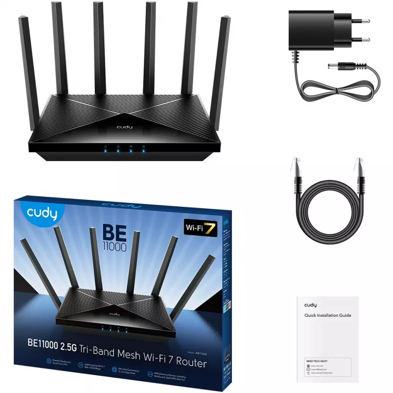 Stalinis maršrutizatorius Cudy WR11000 — Trijuostis 2,4/5/6 GHz, Wi‑Fi 7, 4× 2,5 Gigabito LAN, 5765 Mbps per 6 GHz juostą, 512 MB RAM