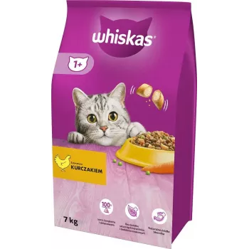 Sausas kačių ėdalas Whiskas Adult su vištiena 7 kg — suaugusių kačių granules, 30,8% baltymų, 12% riebalų