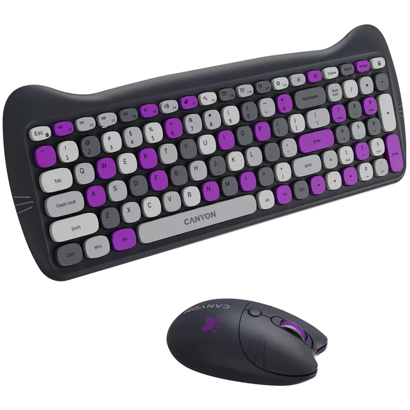 Belaidis klaviatūros ir pelės rinkinys CANYON HSET-W6 Kitty Edition – violetinė