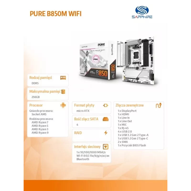 Pagrindinė plokštė Sapphire PURE B850M WIFI Micro ATX — AMD B850, lizdas AM5, DDR5 iki 8000 MHz, 4 DIMM, „Wi‑Fi 6“, 2,5 Gb LAN, 2× M.2, PCIe 5.0 x16