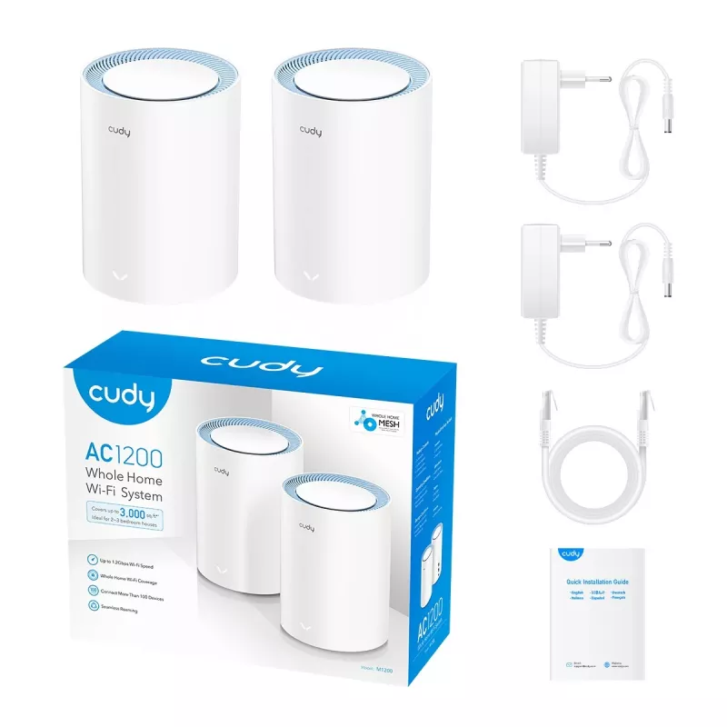 Tinklinio tinklo sistema Cudy M1200 2 vnt. rinkinys — Dviejų juostų Wi‑Fi 5 (300/867 Mbps), 2 įrenginiai, 1x LAN prievadas, palaiko 100 įrenginių