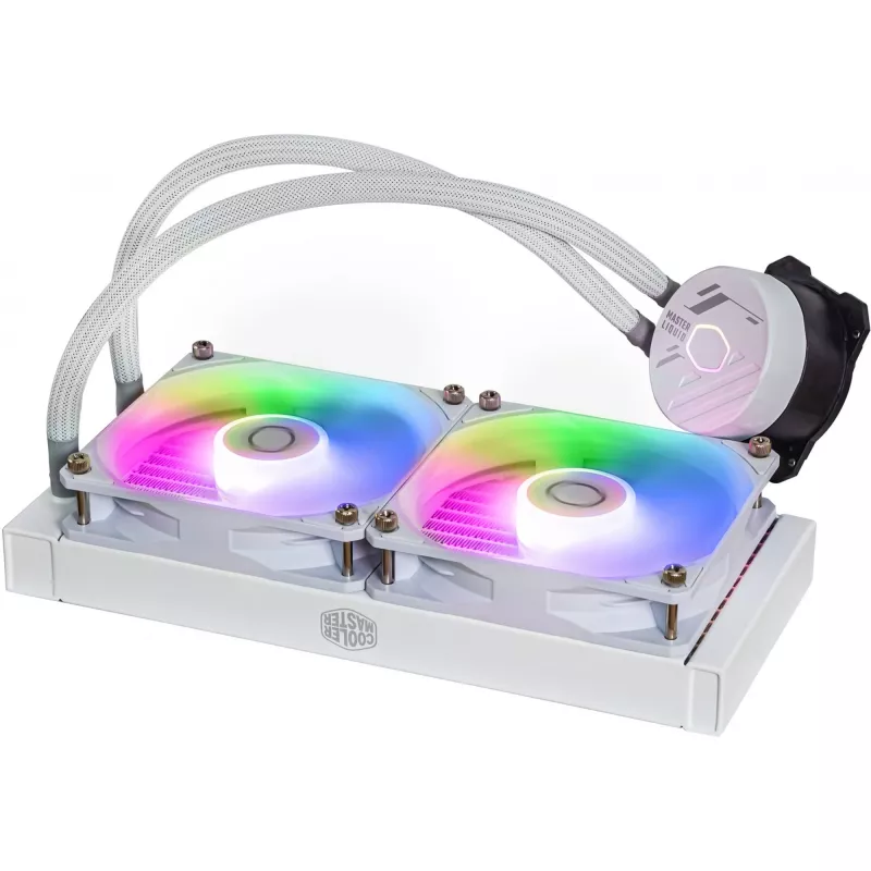 Skysčio aušinimo komplektas Cooler Master MasterLiquid 240L Core ARGB White — 240 mm radiatorius, 120 mm ventiliatoriai, palaiko LGA1700/AM5/AM4 ir senesnius lizdus