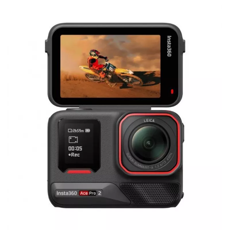 Veiksmo sporto kamera Insta360 Ace Pro 2 — 50 MP, 8K itin didelė raiška (7680×3272), 1/1,3 colio jutiklis, iki 240 kadrų per sekundę, įmontuotas ekranas, „Wi‑Fi“, „MicroSD“, 177,7 g, juoda