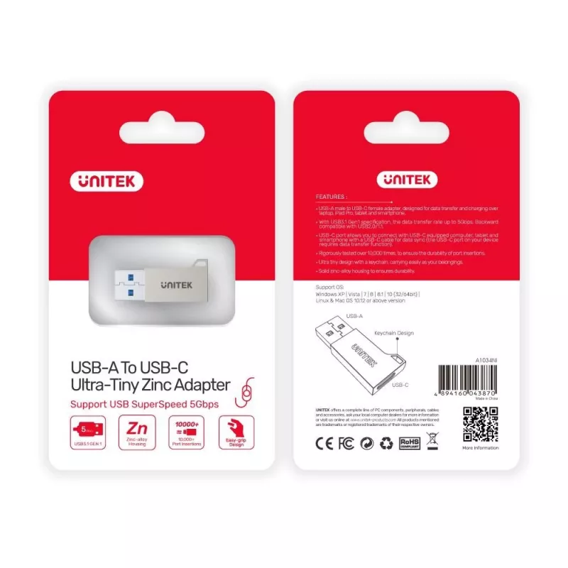 USB Type-A adapteris Unitek A1034NI, sidabrinis, USB 2.0/3.2 Gen1, iki 5 Gbit/s, cinko korpusas, 36×16,7×5,7 mm