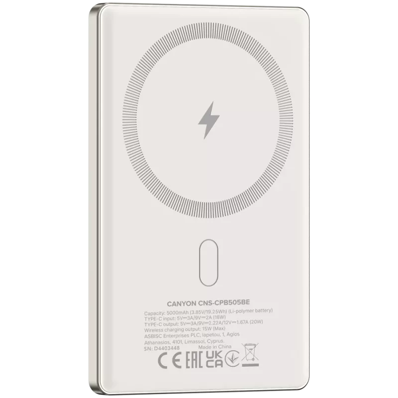 Canyon OnPower 505 - Powerbank - 5.000 mAh - į USB-C - iš USB-C PD 20W + belaidis magnetinis 1
