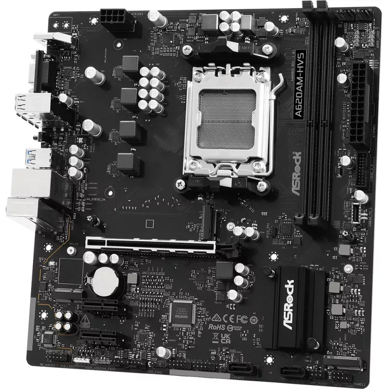 Motininė plokštė ASRock A620AM-HVS Micro ATX — AMD A620A mikroschemų rinkinys, Socket AM5, DDR5, 2 DIMM, iki 128 GB, HDMI 2.1, M.2 2280