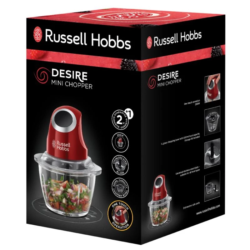 Elektrinis maisto smulkintuvas Russell Hobbs 24660-56 — 1 L stiklinis indas, 200 W, raudonas