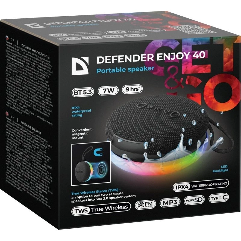 Nešiojama „Bluetooth“ kolonėlė DEFENDER ENJOY 40 — 7 W RMS, „Bluetooth 5.3“, LED apšvietimas, LiPo baterija, 9 val., juoda