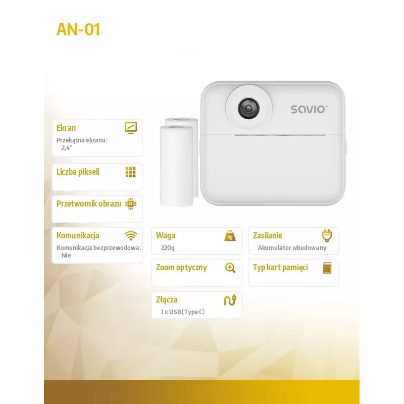 Momentinio spausdinimo fotoaparatas vaikams SAVIO AN-01, baltas, 2,4 colio LCD, MicroSDHC iki 32 GB, USB-C, 1200 mAh baterija, be integruotos blykstės