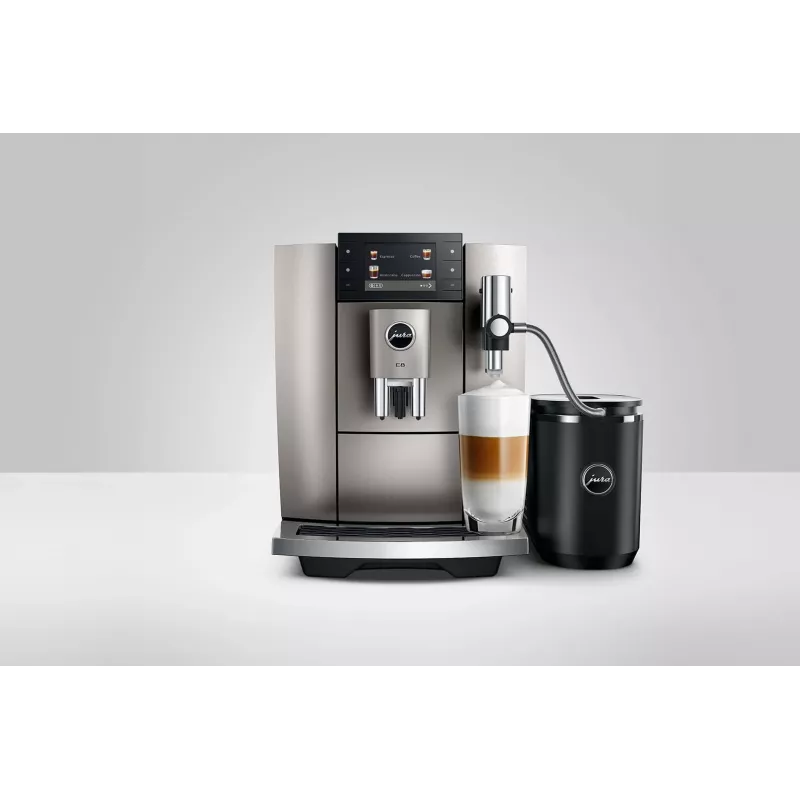 Espreso aparatas JURA E8 visiškai automatinis 1,9 l sidabrinis — 15 bar, 3,5 colio ekranas, malūnėlis, pieno putotuvas
