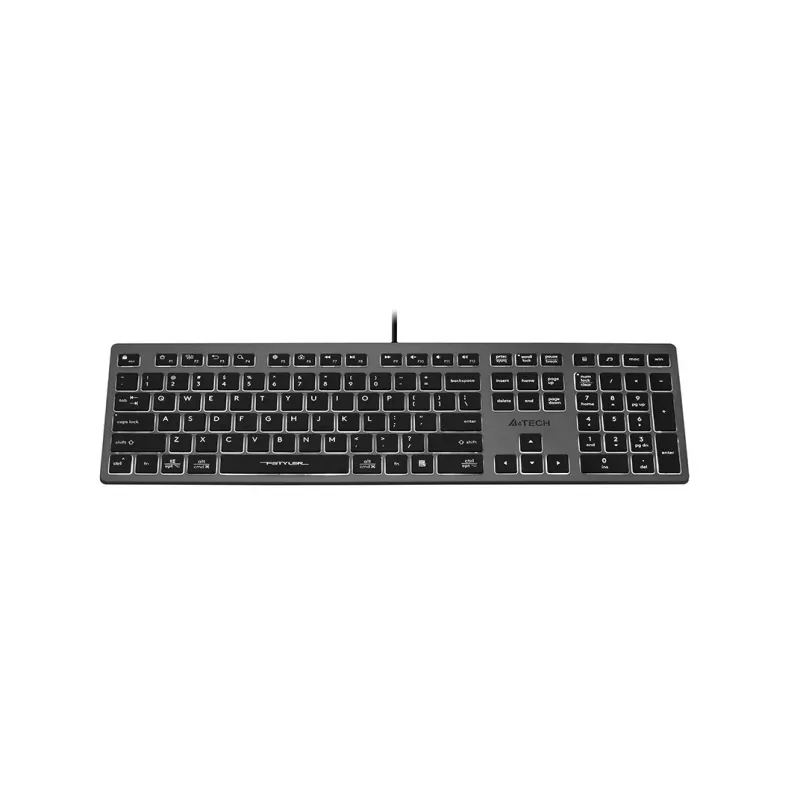 Laidinė A4Tech klaviatūra FX60H USB QWERTY — viso dydžio 100%, baltai apšviesta, pilka, USB šakotuvas
