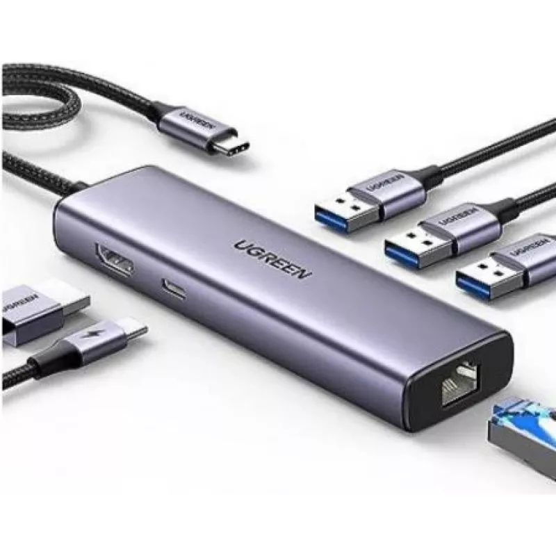 Ugreen 15598 USB 3.2 Gen 1 Type-C šakotuvas HDMI RJ-45 USB 3.0 Sidabrinis