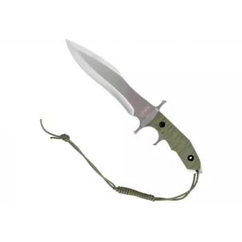 Stacionarus peilis cinema classic CC-H5 Rambo V — Išgyvenimo peilis, plieninė geležtė 230 mm, bendras ilgis 385 mm, žalia polimerinė rankena, odinės makštys