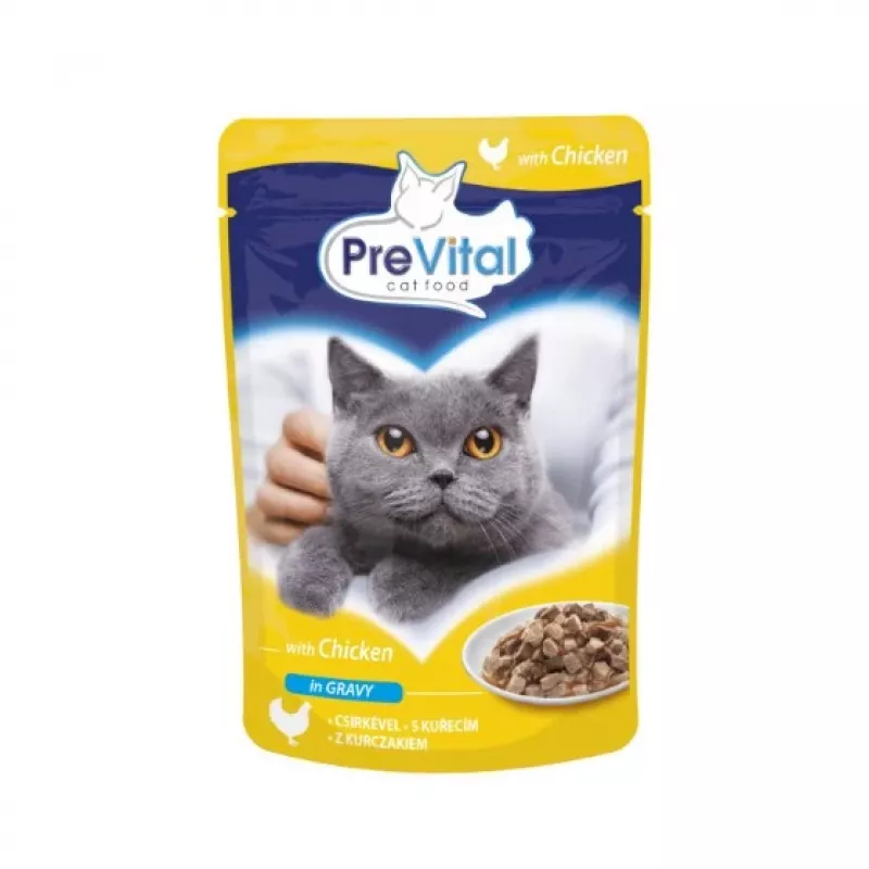 Šlapias kačių ėdalas PREVITAL Cat Food Mix 4 Flavors — vištiena, veršiena, lašiša, paukštiena, 96 x 100 g maišeliai (9,6 kg, suaugusioms katėms)