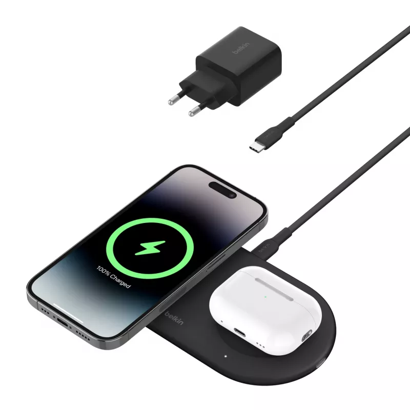 Belkin WIZ021VFBK – belaidis 2-in-1 įkrovimo kilimėlis su Qi2 technologija 15 W, juodas