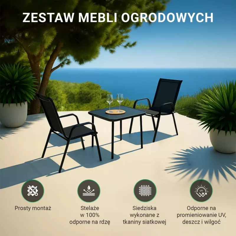 Extralink Juoda Forest sodo baldų komplektas, tekstileno dvi kėdės + juodas stalas lauko baldų komplektas