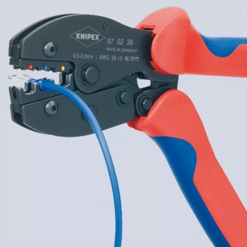 Užspaudimo įrankis Knipex PreciForce modelis 975236 SB — izoliuotos rankenos juodos, mėlynos ir raudonos spalvos