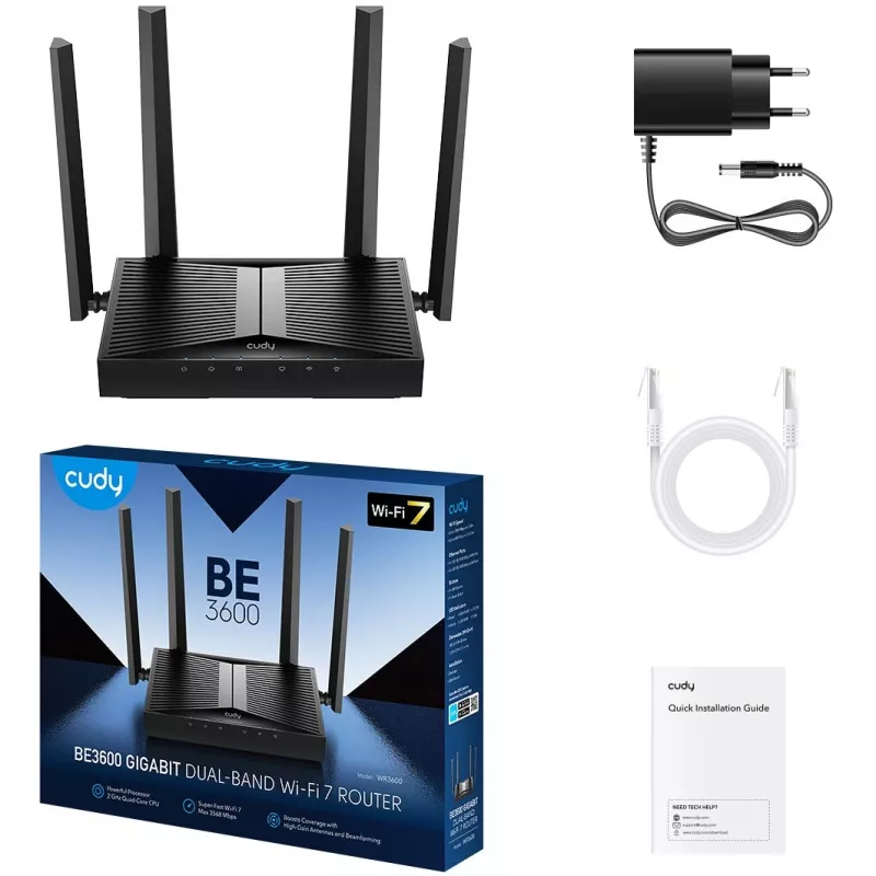 Stalinis maršrutizatorius Cudy WR3600 Dviejų juostų „Wi‑Fi 7“ (802.11be), iki 2882 Mbps, 4× Gigabito LAN, 1× WAN, Juodas