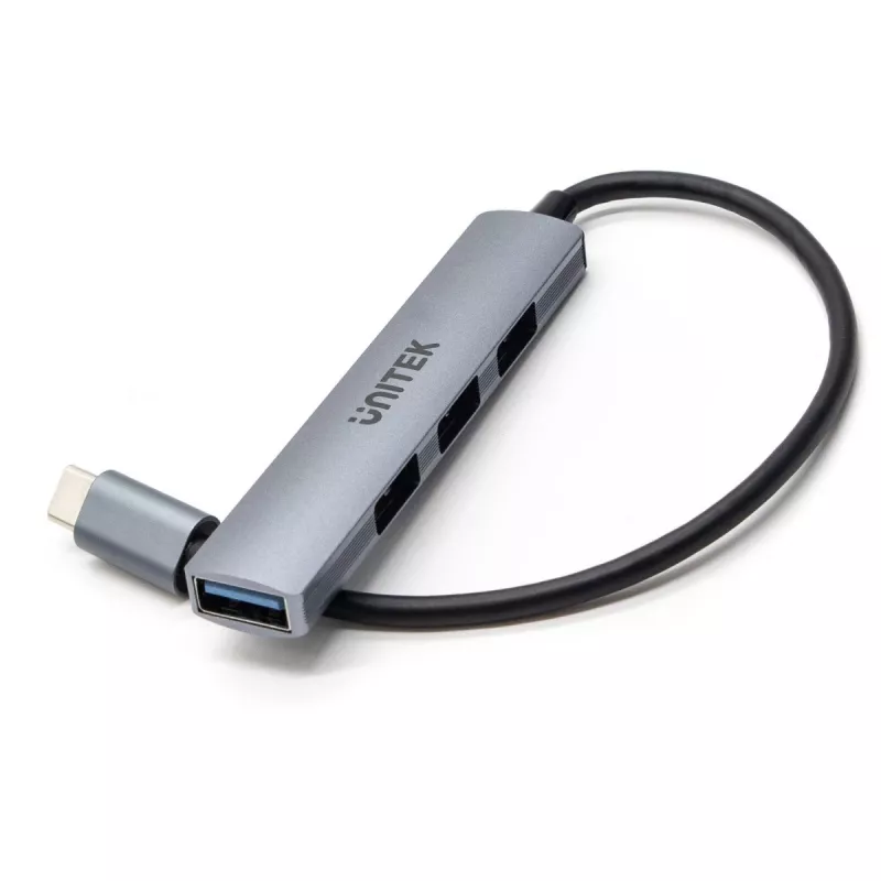 USB-C šakotuvas Unitek H1208B — 1x USB-A 5 Gbps, 3x USB-A 2.0, USB-C priegloba, aliuminio korpusas, 0,20 m laidas