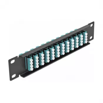 Šviesolaidinis pataisymo skydelis DeLOCK 10 colių 12 prievadų LC Quad Aqua 1U juodas