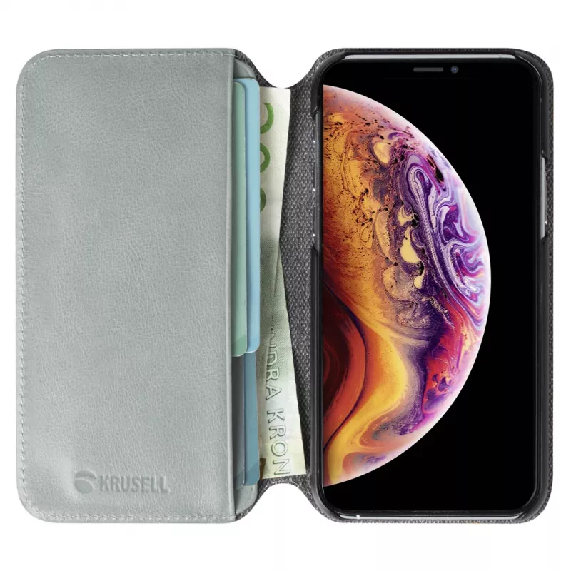Telefono piniginė Krusell Sunne, skirta Apple iPhone 11 Pro — senovinė pilka spalva, atverčiamas dėklas su kortelių kišene