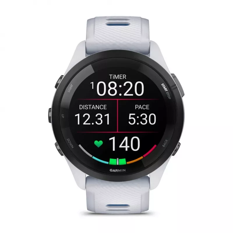 Išmanusis laikrodis GARMIN Forerunner 265 — 46 mm GFRP korpusas, AMOLED 1,3 colio, GPS/GLONASS/Galileo, 15 dienų baterija, 5 ATM, silikoninis dirželis
