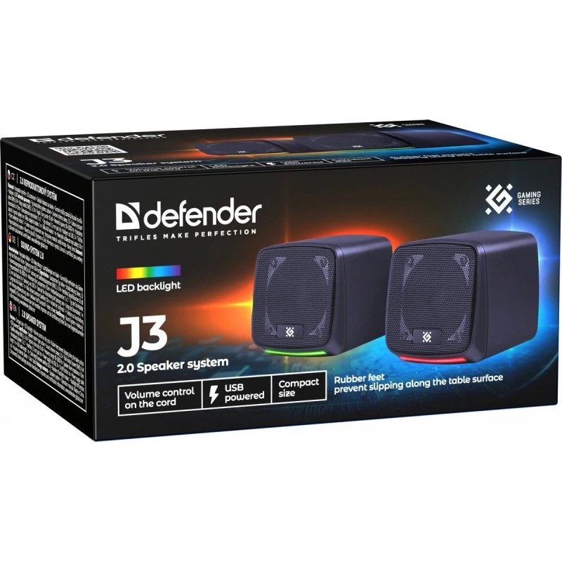 Kompiuterinės kolonėlės DEFENDER J3 2.0 6W LED USB, 2×3W RMS, 90–20000 Hz, 3,5 mm, juodos