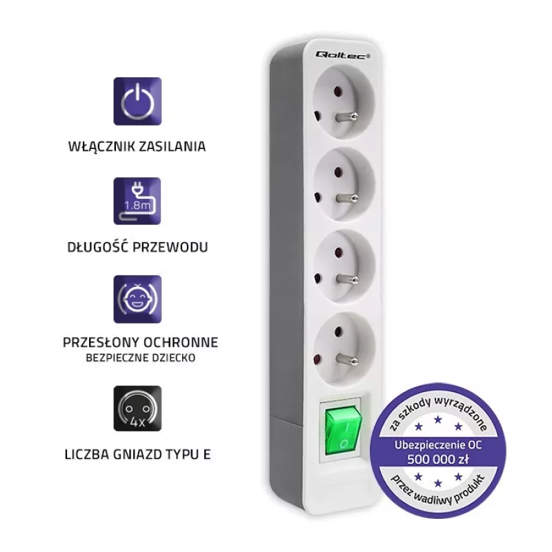 Power Extension Qoltec 50288 1.8m 4 AC Outlets Indoor White