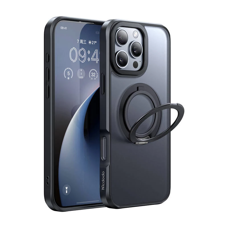 Apsauginis dėklas Mcdodo PC-4932, skirtas iPhone 16 Pro, su integruotu stovu, juodas