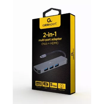 USB-C nešiojamojo kompiuterio dokas GEMBIRD A-CM-COMBO2-01 — USB 3.2 Gen 1 Type-C, 3× USB-A, 1× HDMI, pilkas