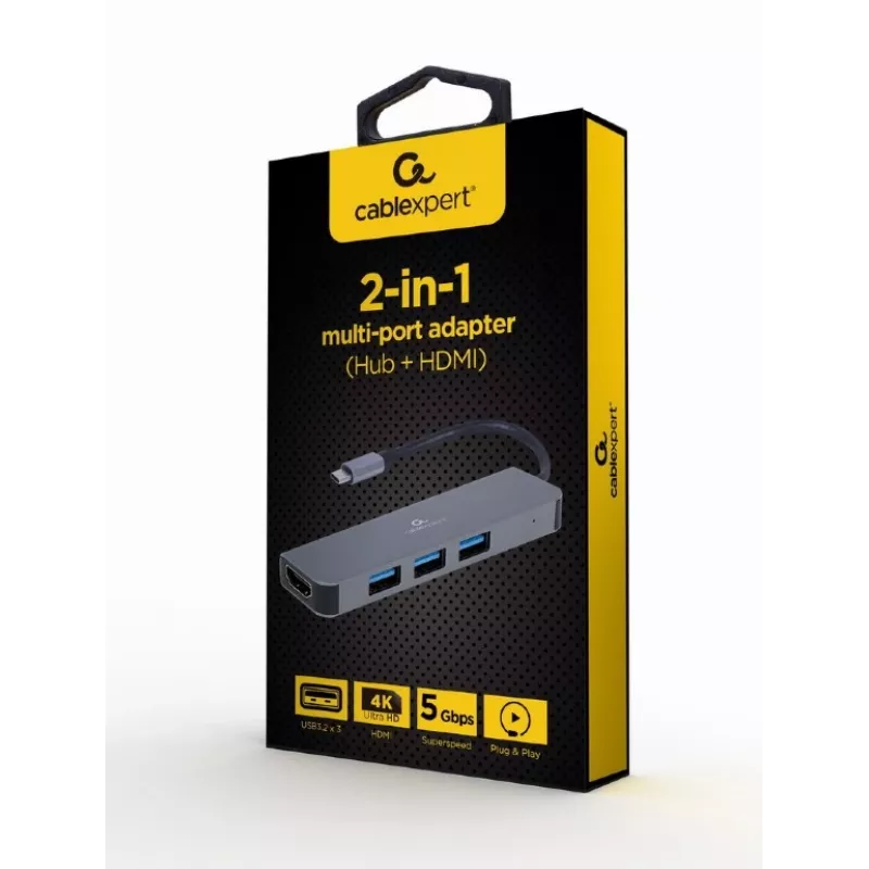 USB-C nešiojamojo kompiuterio dokas GEMBIRD A-CM-COMBO2-01 — USB 3.2 Gen 1 Type-C, 3× USB-A, 1× HDMI, pilkas