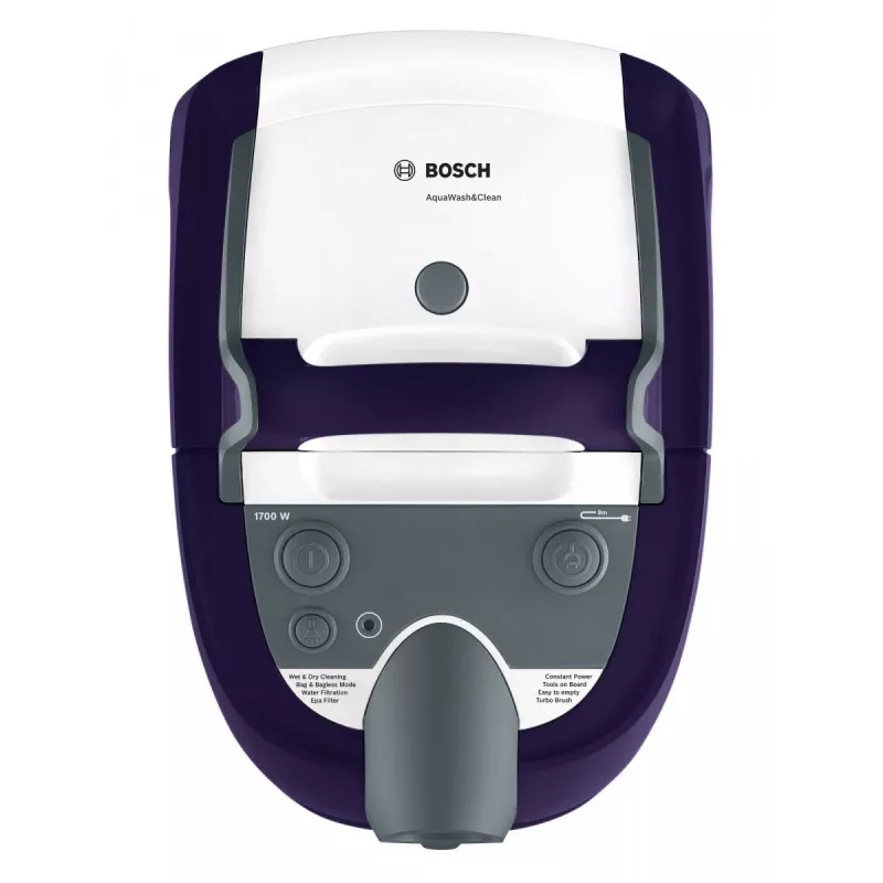 Drėgnas ir sausas dulkių siurblys Bosch BWD 41740 AquaWash&Clean — 1700 W, 5 L bakas, EPA filtras, teleskopinis vamzdis, 9 m spindulys, violetinė