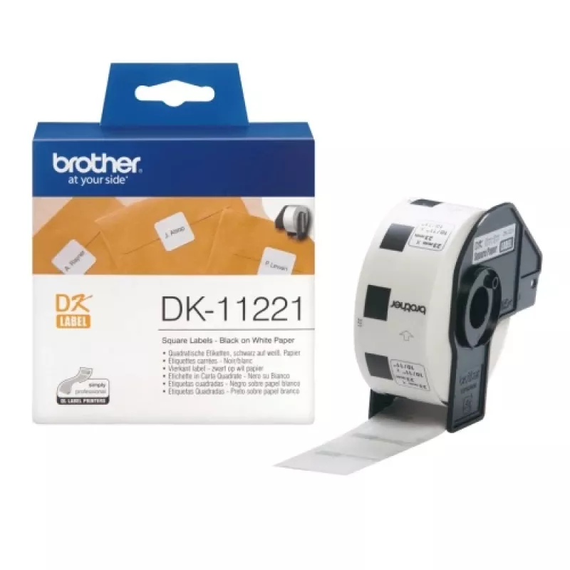 Brother DK-11221 (DK11221) kvadratinės etiketės, juodos ant baltos, 23 mm, 1000 etikečių ritinyje
