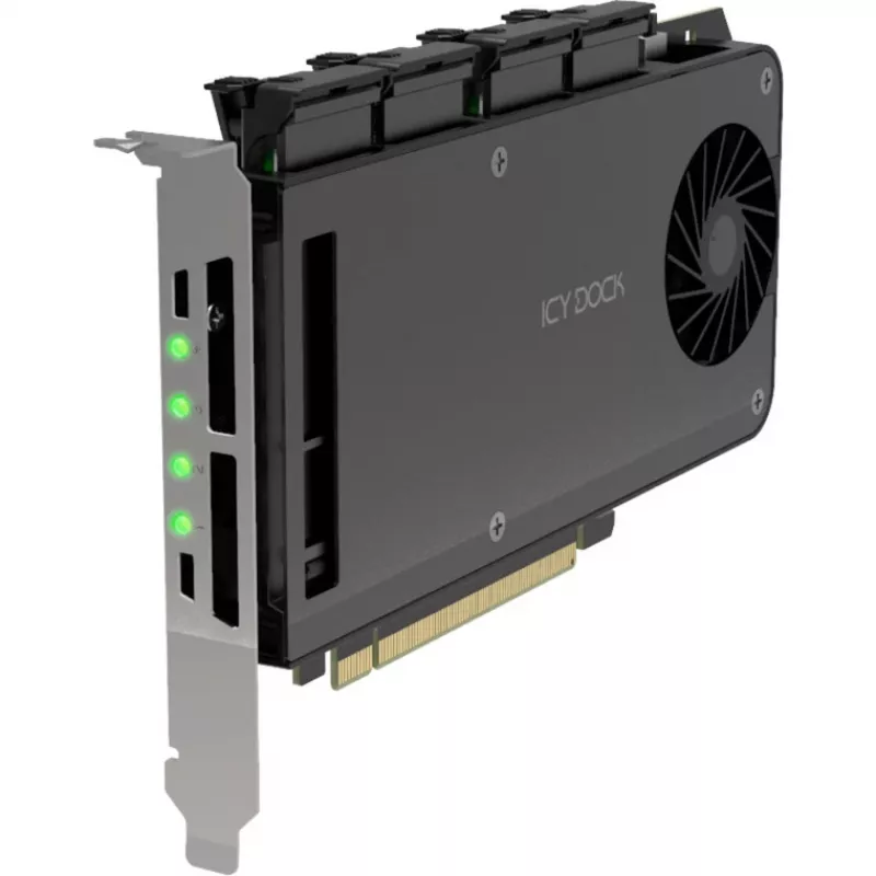 Mobilaus stovo adapterio kortelė icy dock MB204MP-1B — 4 × M.2 NVMe SSD karšto keitimo mobilus stovas