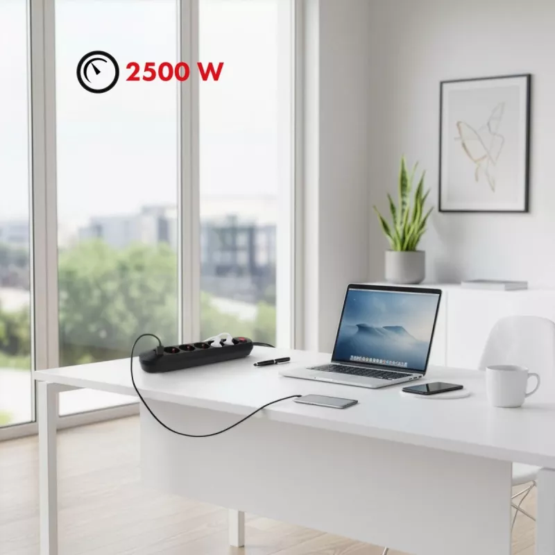 Maitinimo lizdas MACLEAN MCE395 B — 5 lizdai, 3×USB, 110–240V AC, 2,1A USB, 2500W, 1,5 m kabelis, juodas