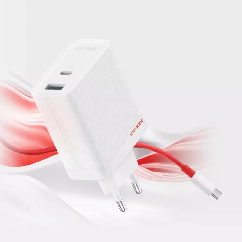 Maitinimo adapteris ONEPLUS SUPERVOOC 120W dviejų prievadų laidinis įkroviklis, 120W bendra išvestis, 1x USB-C + 1x USB-A, 100–240V, 145 g, baltas