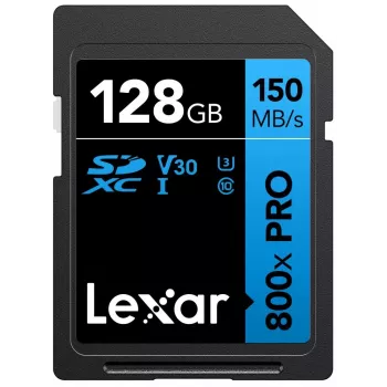 SDXC atminties kortelė Lexar 128GB UHS-I 800xPRO Class 10 U3 V30 — 150 MB/s skaitymo, 45 MB/s rašymo greitis, juoda