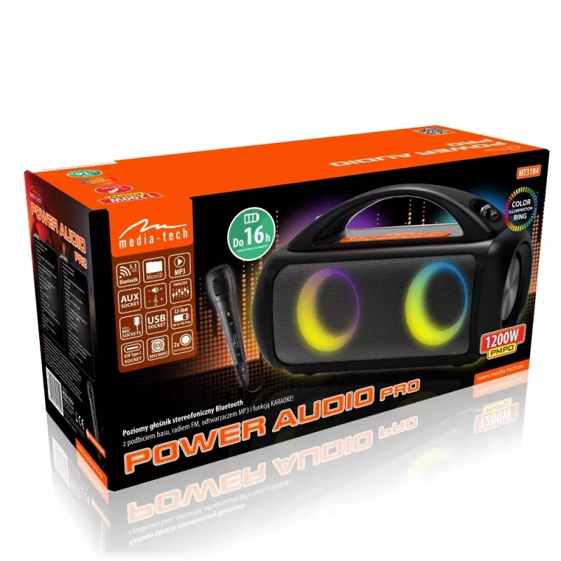 Nešiojamas garsiakalbis MEDIA-TECH MT3184 — Bluetooth 5.3, 60W RMS, IPX5, Li-Ion baterija 16h, USB-C įkrovimas, MicroSD, TWS, mikrofonas, nuotolinio valdymo pultelis
