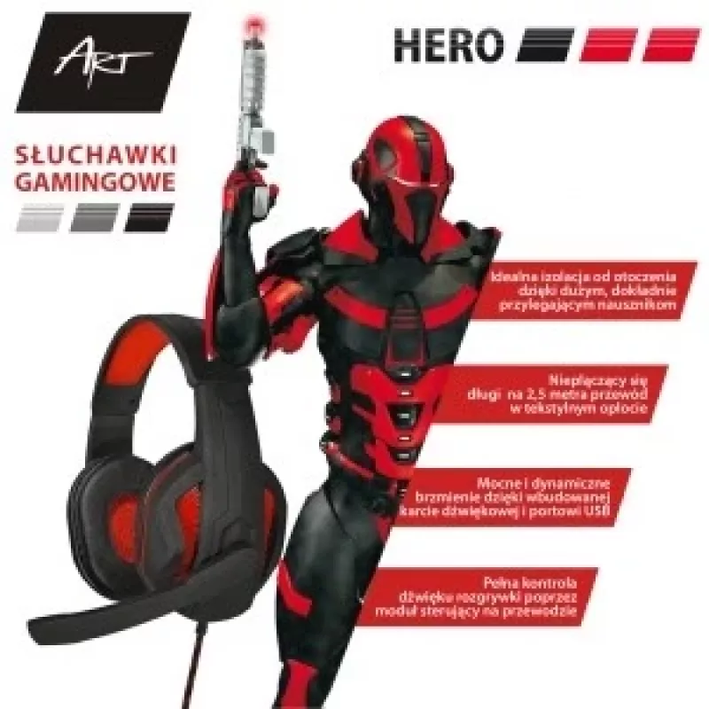 Žaidimų ausinės su mikrofonu Art Hero USB