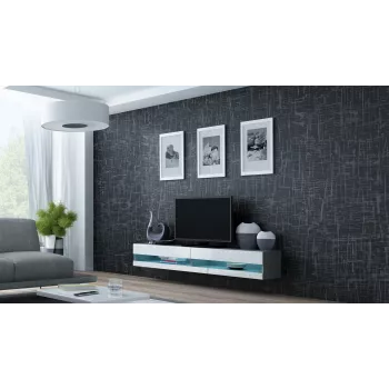 TV staliukas Cama Meble VIGO NEW 30/140/40 — 1400×400×300 mm, pilkas viršus, medžio drožlių plokštė, pilkas rėmas, balti blizgūs fasadai