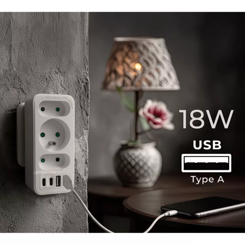 Maitinimo skirstytuvas MACLEAN MCE248 F/W — 3 kintamosios srovės lizdai (1×16A, 2×6A) + 4×USB (2×A, 2×C PD 20W), EU kištukas, baltas