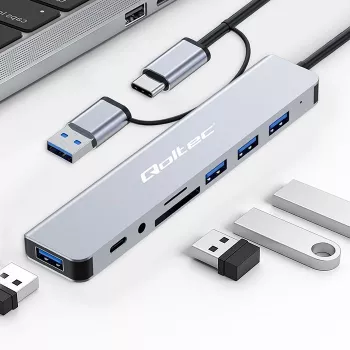 QOLTEC USB-C šakotuvas 4x USB + SD/TF kortelių skaitytuvas modelis 53794