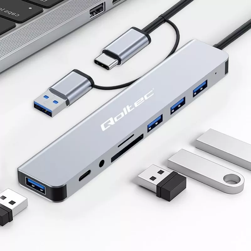 QOLTEC USB-C šakotuvas 4x USB + SD/TF kortelių skaitytuvas modelis 53794