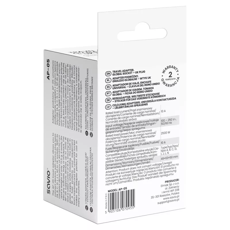 Savio AP-05 maitinimo adapteris / inverteris, skirtas naudoti patalpose, 2500 W, baltas