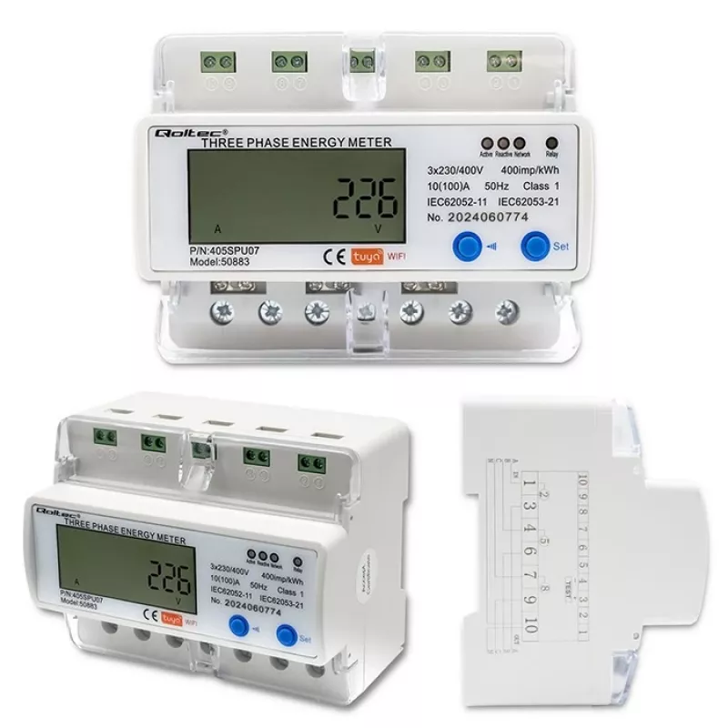 Trifazis energijos skaitiklis QOLTEC 50883 Wi‑Fi 400V su LCD ekranu