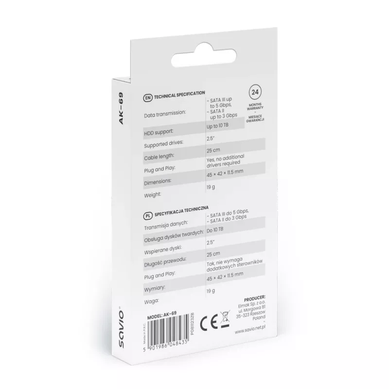 SAVIO SATA į USB-C sąsajos kabelis AK-69, SATA lizdas į USB-C kištuką, USB 3.2 Gen 1 (5 Gbit/s), 0,25 m, juodas