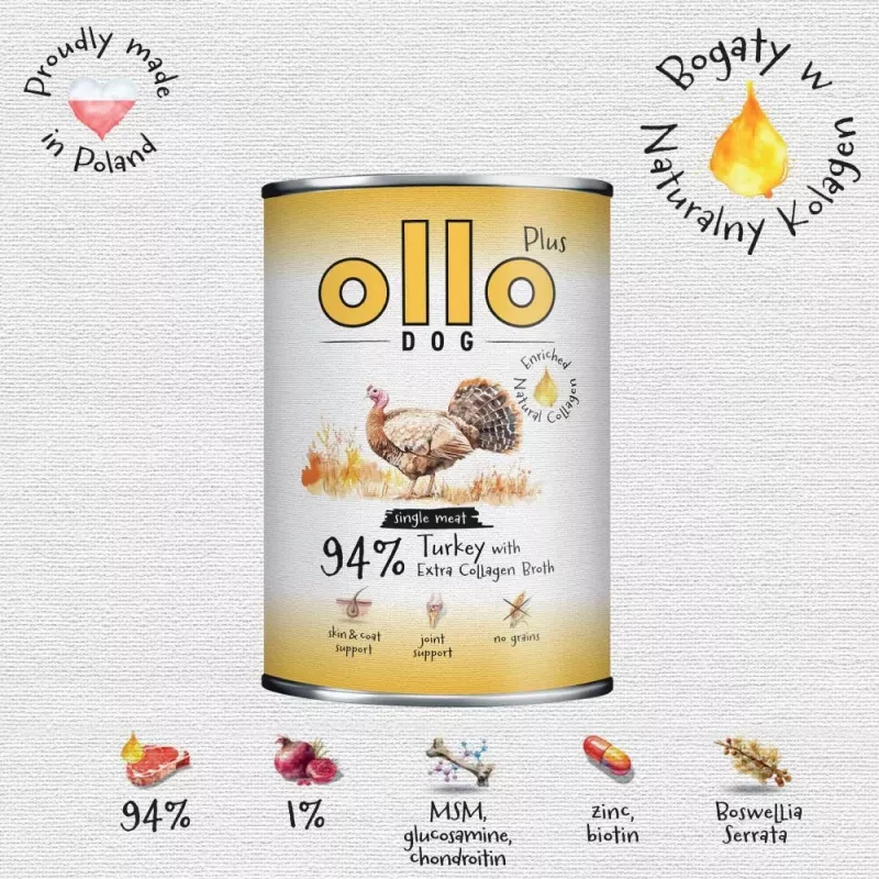 Ollo Plus Kolagen kalakutiena 400g šunų ėdalo skardinė