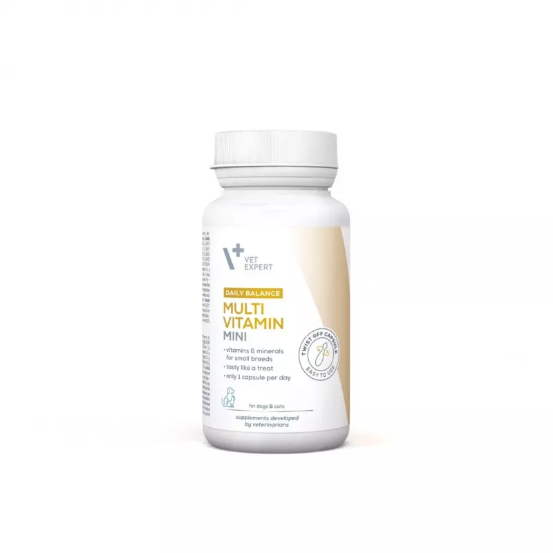 Multivitaminų papildas VETEXPERT Mini — 30 kapsulių mažiems suaugusiems augintiniams, be vištienos, be cukraus, be glitimo