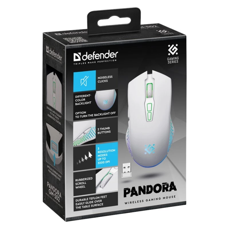 Belaidė žaidimų pelė DEFENDER Pandora White — abiem rankoms tinkama, 3200 DPI, 6 mygtukai, programuojami, optinė, USB